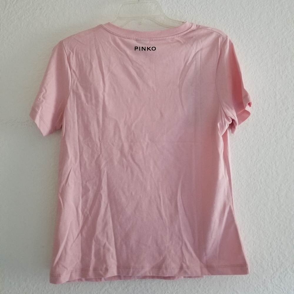 Pinko Crew Neckline Short Sleeve Beaded Brooch Pink Cotton Top Size S Sm… - Picture 3 of 8